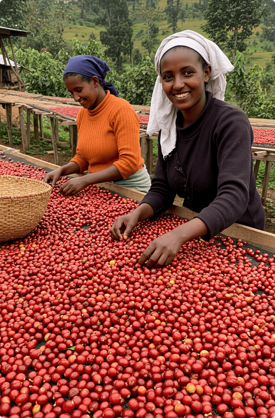 Ethiopian coffee farmers working with coffee cherries